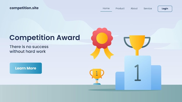 Trofeo de oro como premio de la competencia con lema: no hay éxito sin trabajo duro para la ilustración de vector de página de inicio de aterrizaje de plantilla de sitio web