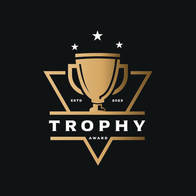 Vector trofeo de oro con diseño de etiqueta de triángulo simple con oro oscuro y fondo blanco