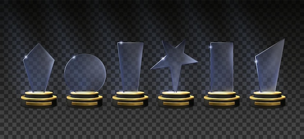 Trofeo de premios Colores de Hollywood Estrella de vidrio Honor o triunfo Formas rectangulares de campeón Ganadores de la competencia Conjunto de recompensas de campeonato realistas Premios acrílicos de cristal 3D exactos vectoriales