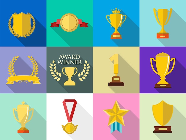 Trofeos y premios deportivos en ilustración vectorial de estilo de diseño plano