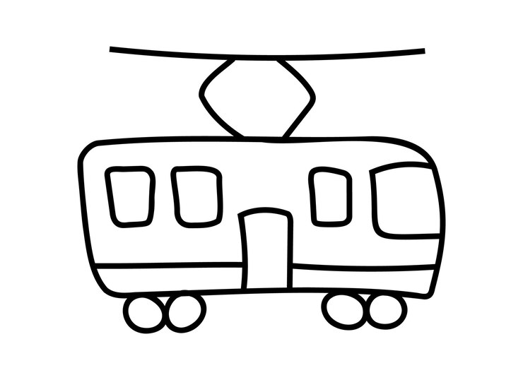 Trolebús de tranvía vista lateral estilo Doodle transporte público de la ciudad dibujado aislado Contorno de arte