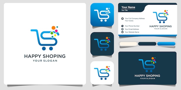 Trolley shop y vector logo letra S con tarjeta de visita. Diseño de logotipo empresarial abstracto.