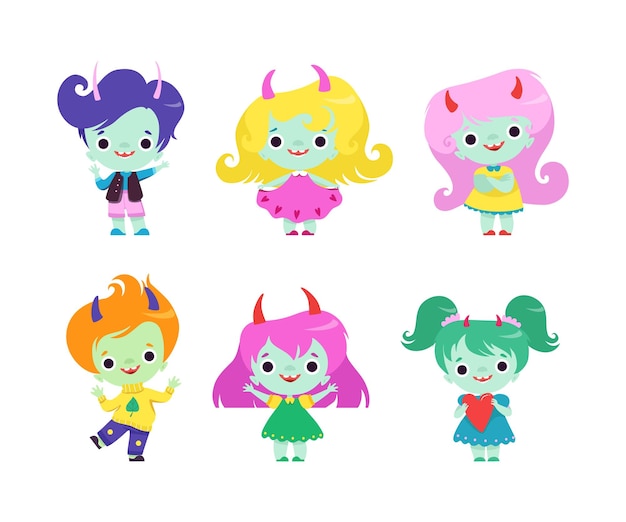 Trolls con cuernos lindos Niños y niñas como adorables criaturas de fantasía sonrientes Conjunto vectorial