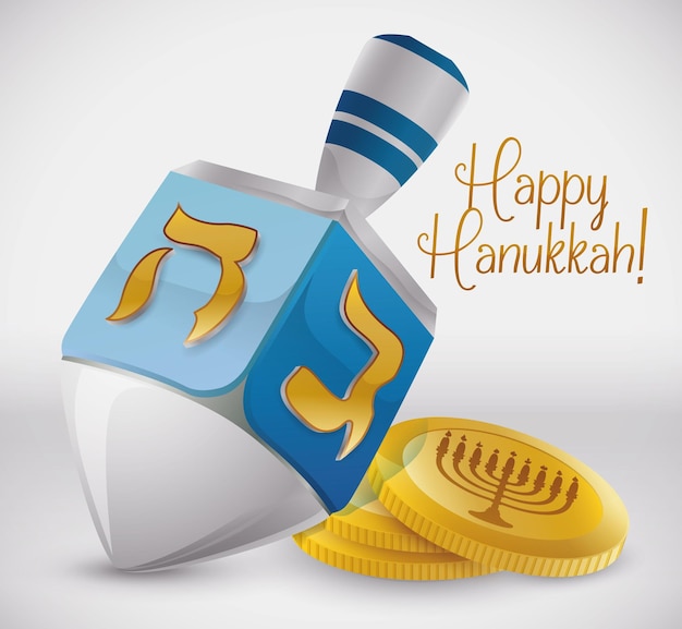 Trompo plateado con símbolos dorados y gelts dorados para Hanukkah