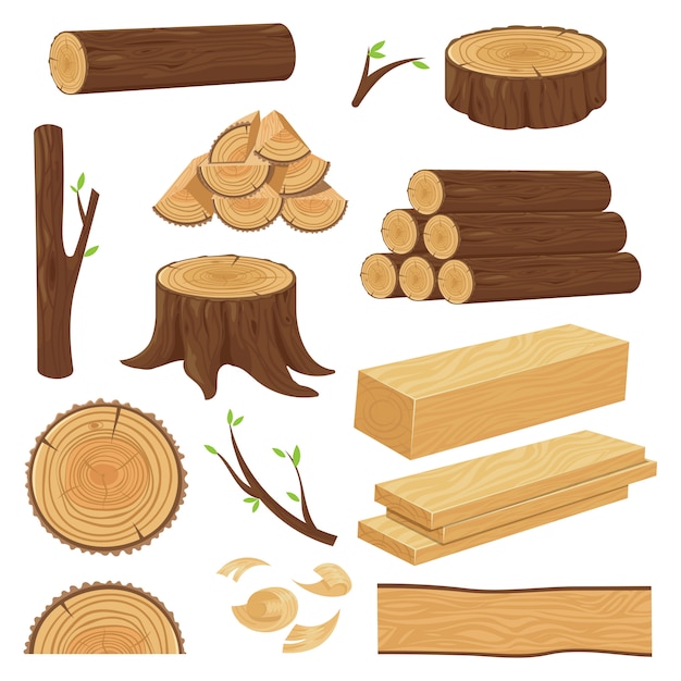 Vector troncos de madera. material de madera apilada, ramita de tronco y ramitas de leña. tocón de árbol, viejo tablón de madera aislado conjunto de dibujos animados