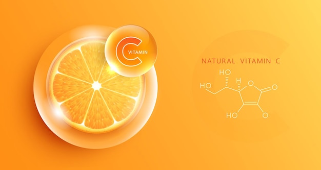 Tropa de agua vitamina c naranja y estructura solución de vitamina complejo con fórmula química de la naturaleza tratamiento de belleza nutrición cuidado de la piel diseño conceptos médicos y científicos para cosméticos