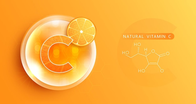 Vector tropa de agua vitamina c naranja y estructura solución de vitamina complejo con fórmula química de la naturaleza tratamiento de belleza nutrición cuidado de la piel diseño conceptos médicos y científicos para cosméticos