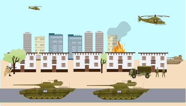 Vector tropas israelíes gaza conflicto palestino israelí guerra en el medio oriente tanques ciudad soldados terroristas