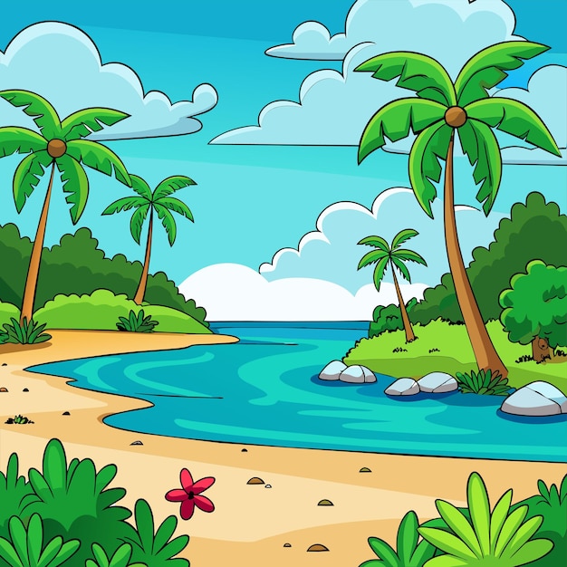 Vector tropical beach scene with many palm trees summertime hand drawn sticker icon concept isolated