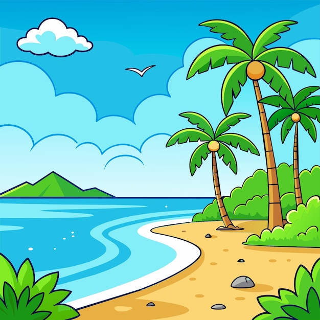 Vector tropical beach scene with many palm trees summertime hand drawn sticker icon concept isolated