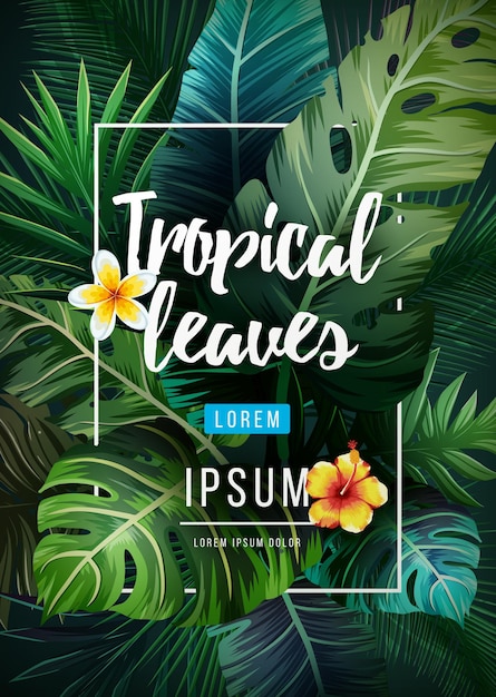 Vector tropical brillante con plantas de la selva. hojas de palmeras exóticas, ilustración