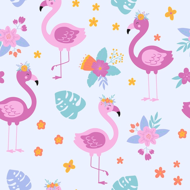 Tropical de patrones sin fisuras con flamenco rosa floral Fondo de vector de dibujos animados con flamenco