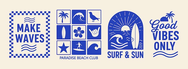 Tropical Surf and Sun Vector Graphic Set with Summer Beach Icons and Motivational Phrases for TShir