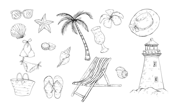 tropos de playa grabado de ilustración dibujado a mano