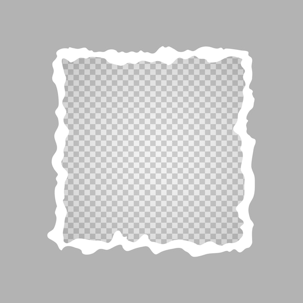 Trozo de papel rasgado en forma de cuadrado, un agujero en una hoja de papel sobre un fondo transparente. Ilustración vectorial.