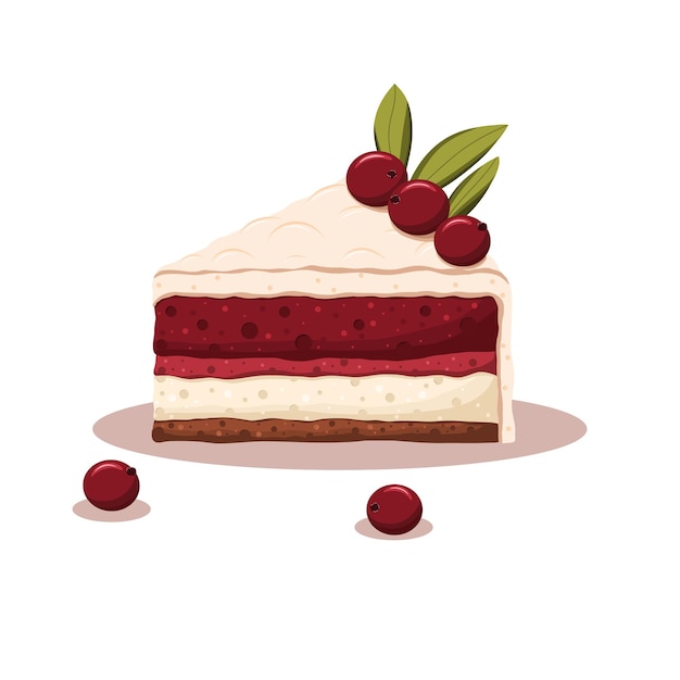 Un trozo de pastel de chocolate con grosellas rojas y relleno de vainilla ilustración vectorial dibujado a mano