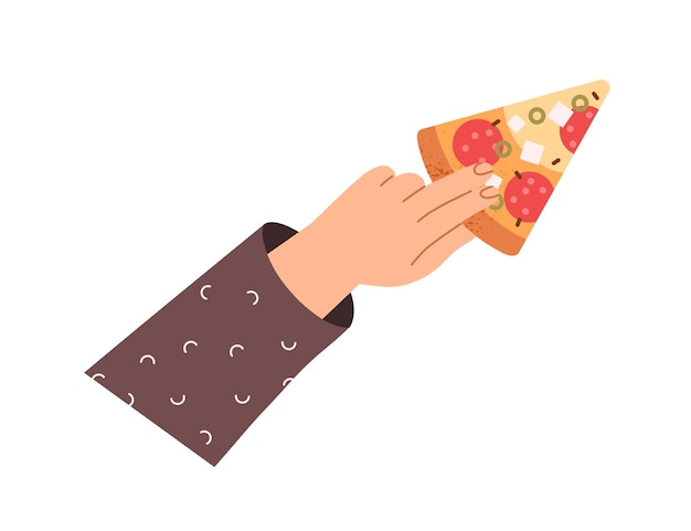 Vector trozo de pizza de salami en la mano. sosteniendo el brazo, tomando una rebanada triangular cortada de comida rápida italiana, bocadillo con queso, pepperoni, queso feta, aceitunas, vista superior. ilustración de vector plano aislado sobre fondo blanco.