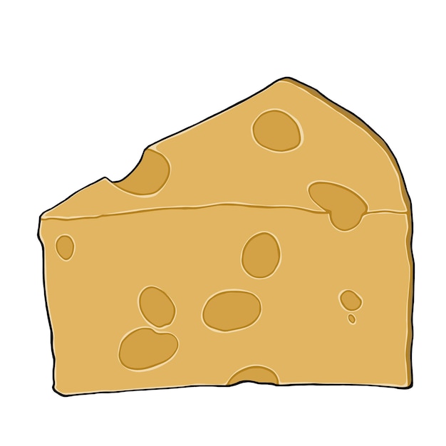 Un trozo de queso con agujeros productos lácteos para el consumo y dibujos animados lineales de doodle de alimentos