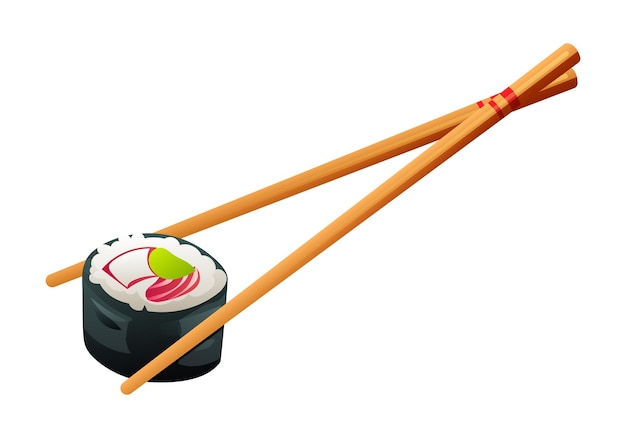 Un trozo de rollo de sushi sostenido con palillos de comer Ilustración vectorial de alimentos japoneses