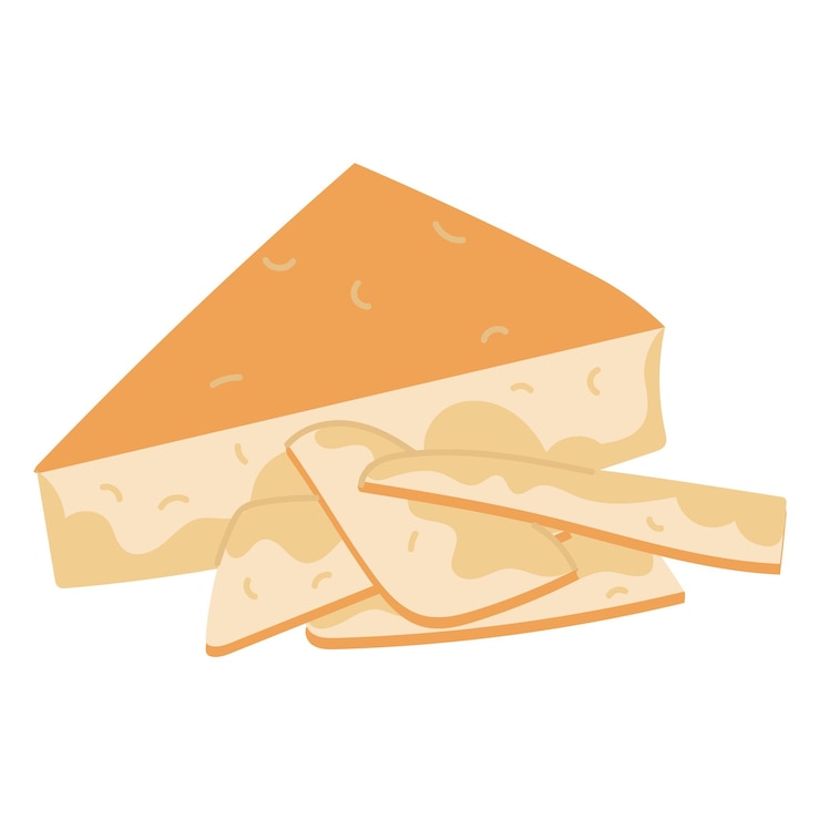 Vector trozo triangular de queso parmesano en un grupo con rebanadas delgadas rebanada de queso triangular es un todo