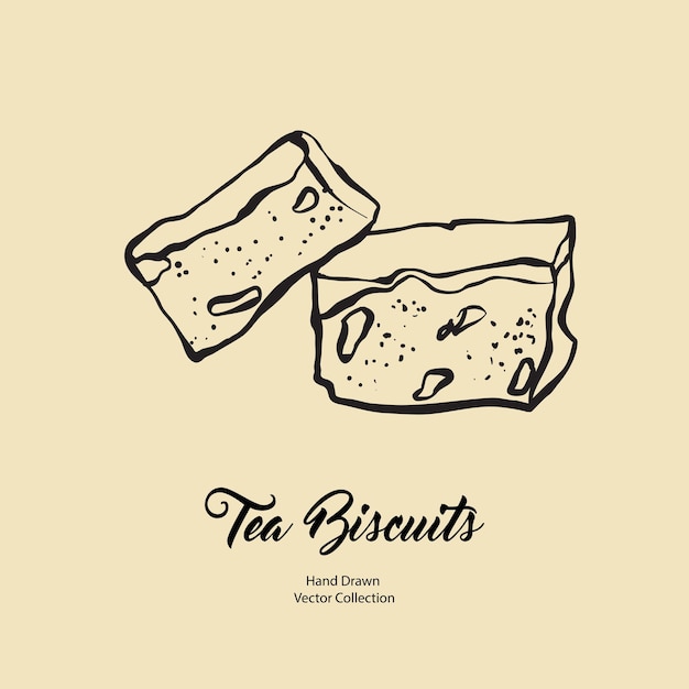 Trozos de pastel aislados ilustración de línea de vector dibujado a mano en estilo antiguo. Vector logo de cocina de tarta de galletas de chocolate con té, diseño de envases, menú de cafetería, banner, flayer, estilo retro dibujado a mano de la cafetería.