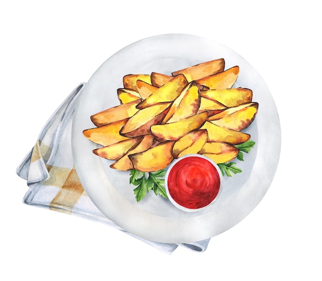 Trozos de patata frita en un plato con salsa. ilustración acuarela