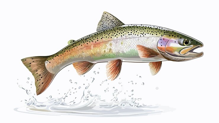 Vector una trucha arco iris es liberada en el agua por una persona