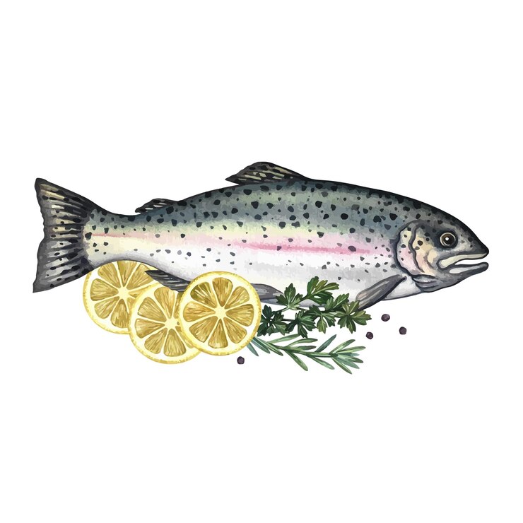 Vector trucha con limón y hierbas una ilustración vectorial de acuarela una imagen en color de un plato de pescado