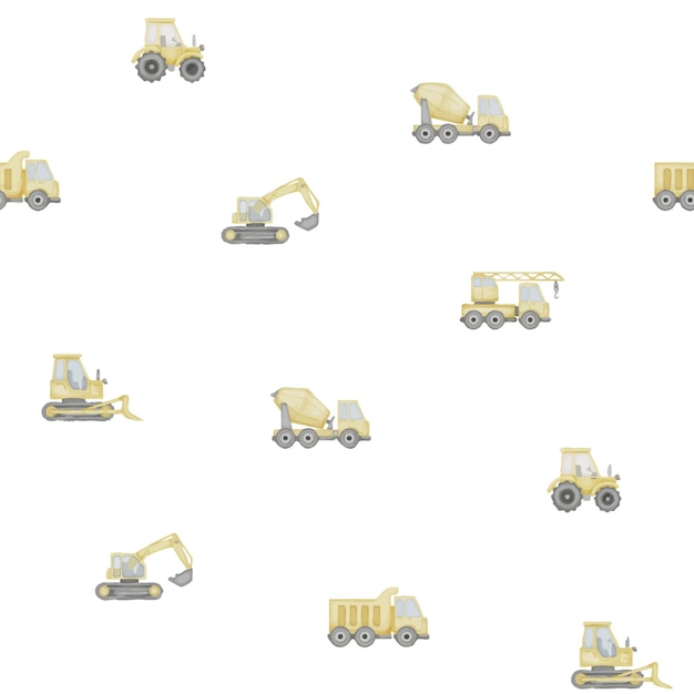 Truck seamless pattern ilustración en acuarela de coches dibujados a mano en un fondo aislado dibujos de juguetes para bebés esbozo de transporte de construcción para ropa y telas para niños