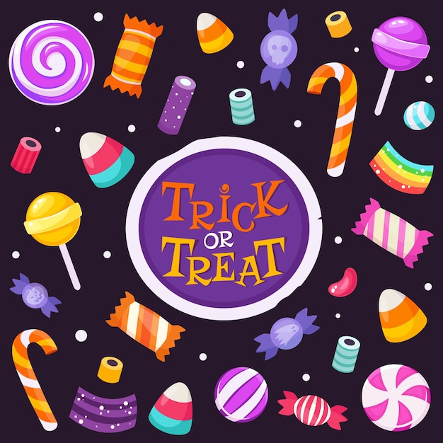 Truco o trato. Conjunto de dulces y caramelos de halloween. en estilo plano.