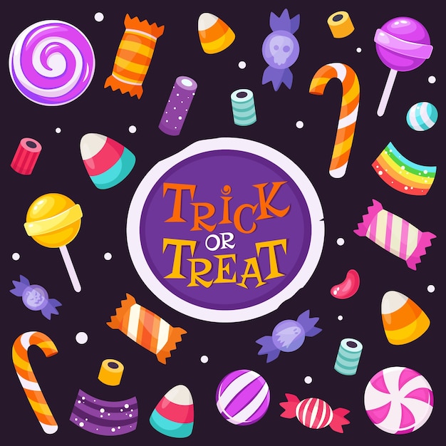 Vector truco o trato. conjunto de dulces y caramelos de halloween. en estilo plano.