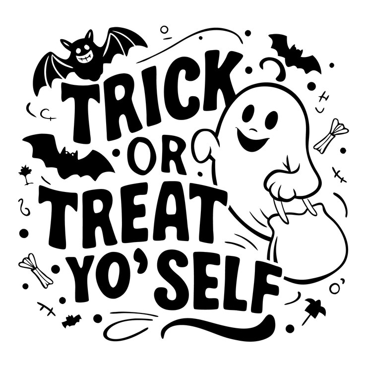 Truco o trato a sí mismo caligrafía de Halloween con diseño de camiseta de calabazas