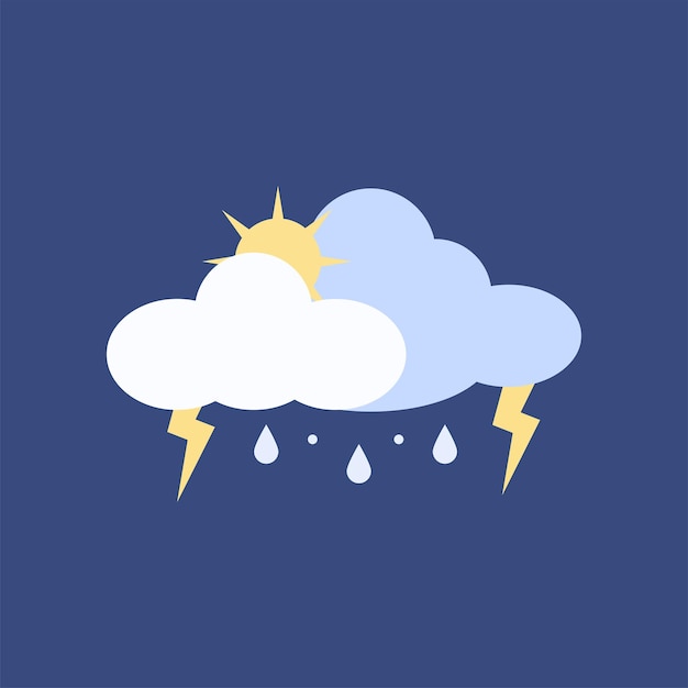 Vector trueno y lluvia con icono de nube. etiqueta meteorológica para web sobre fondo azul. vector de dibujos animados