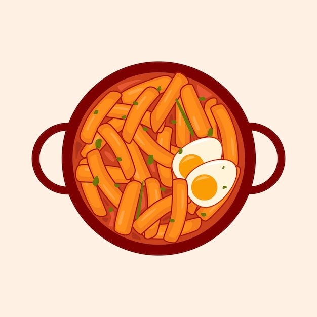 Tteokbokki con huevos en una sartén Pastel de arroz comida callejera coreana