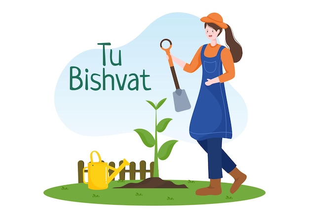 Tu bishvat plantilla ilustración dibujada a mano árbol floreciente con objetos de siete especies de frutas