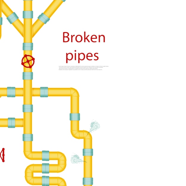 Tuberías rotas con una fuga de vapor o ruptura de gas de plomo de la tubería Problemas de grifos que gotean con tuberías rotas de suministro de agua Ilustración de viento aislada sobre fondo blanco