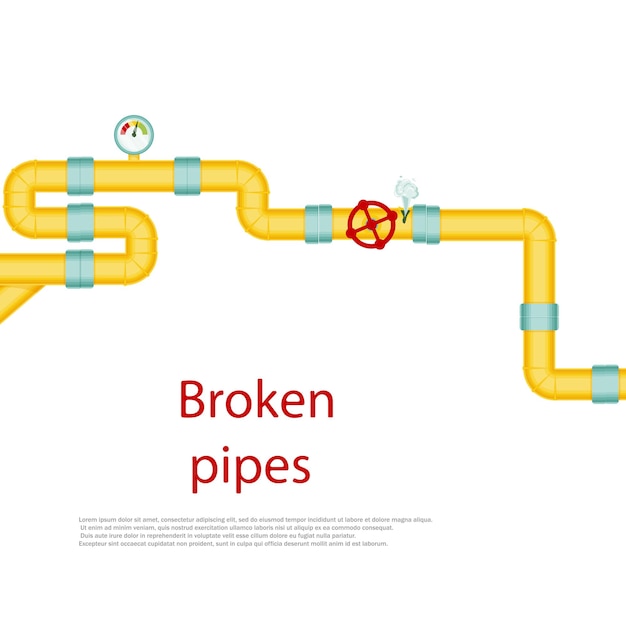 Tuberías rotas con una fuga de vapor o ruptura de gas de plomo de la tubería Problemas de grifos que gotean con tuberías rotas de suministro de agua Ilustración de viento aislada sobre fondo blanco