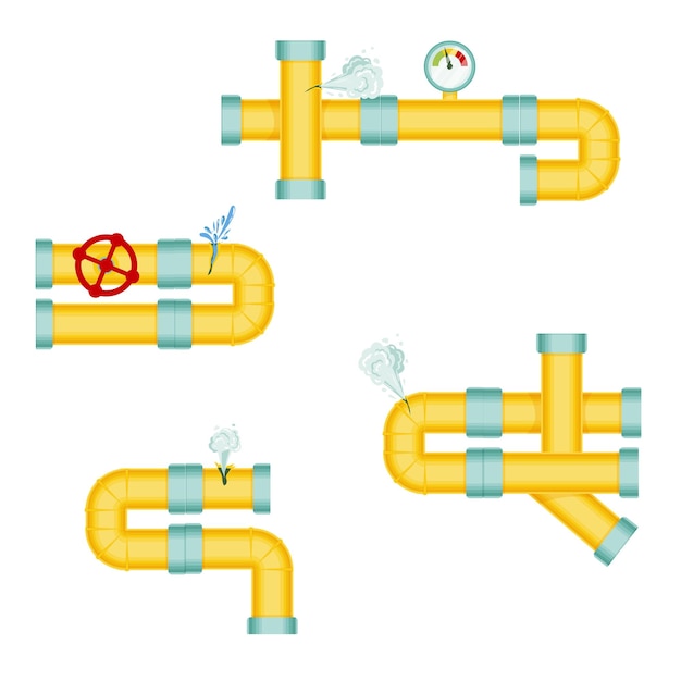 Vector tuberías rotas con una fuga de vapor o ruptura de gas de plomo de la tubería problemas de grifos que gotean con tuberías rotas de suministro de agua ilustración de viento aislada sobre fondo blanco