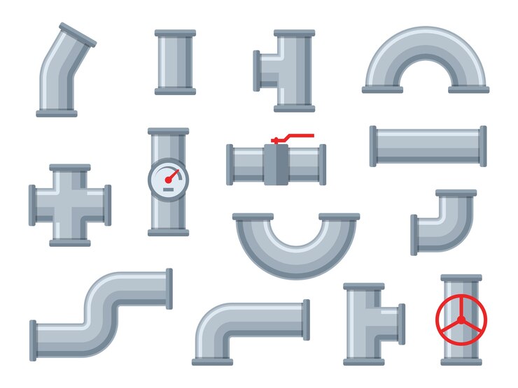 Vector tuberías. tuberías de plástico de diferentes tipos, filtros de aguas residuales. válvula de grifo, accesorios, equipo de tubería industrial, ingeniero, construcción, elementos de plomería, conjunto