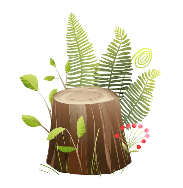 Vector tubo de árbol con hierba y helecho ilustrado naturaleza