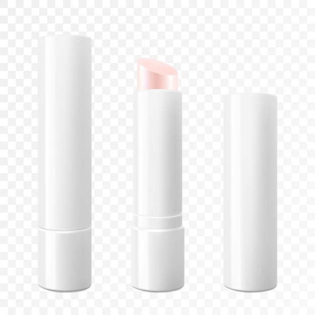 Tubo de barra de bálsamo labial conjunto de envases de lápiz labial higiénico aislado Vector Mockup Plantilla de contenedor abierto y cerrado para gráficos Concepto de maquillaje cosmético Ilustración de vector 3d realista
