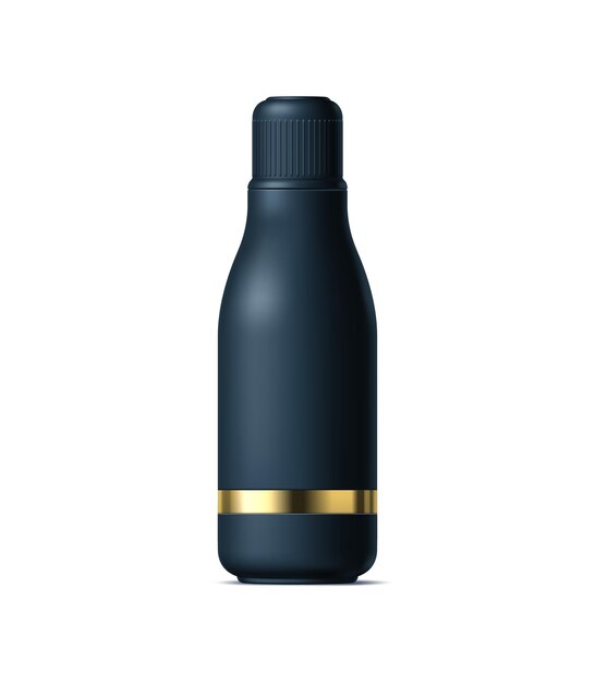 Tubo de botella de cosméticos negro realista y recipiente de plástico Paquete elegante para rutina de belleza Maqueta de paquete vectorial 3d aislado para almacenar elementos esenciales de maquillaje Frasco con tapa de rosca y detalle dorado