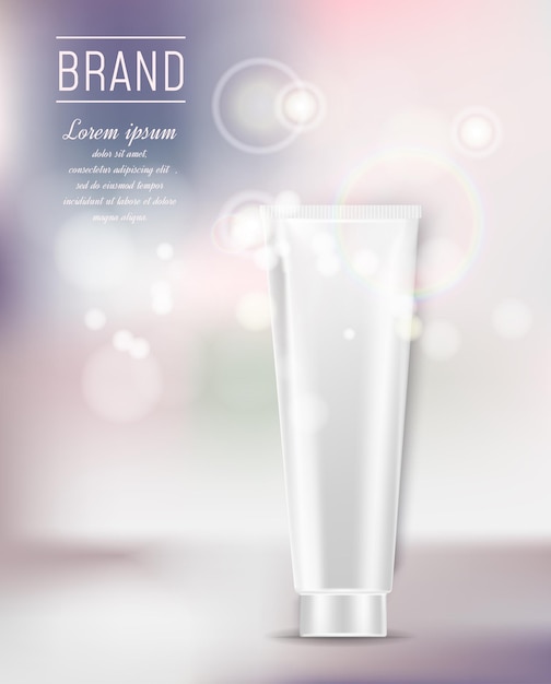 Tubo cosmético blanco sobre fondo de color con efecto bokeh