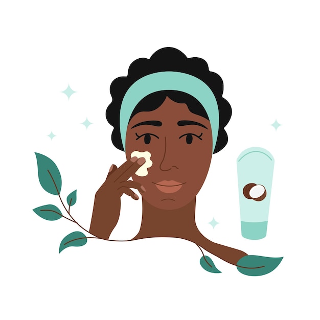 Vector tubo de crema de coco hidratante y rejuvenecedora mujer joven aplicando crema hidratante en la cara niña usando producto natural para el cuidado de la piel facial rutina diaria de belleza ilustración vectorial plana