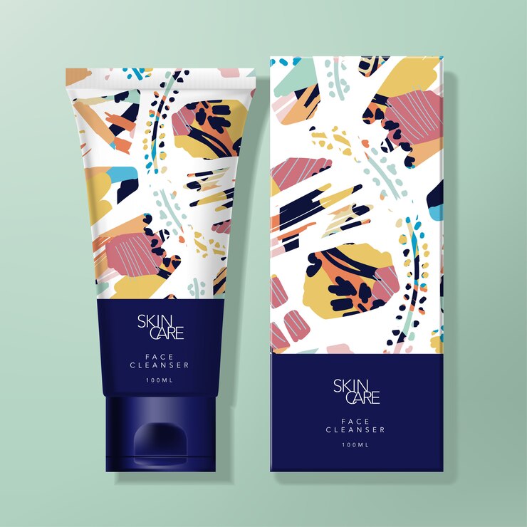 Tubo de crema de manos o limpiador y caja de cartón con diseño de patrón abstracto de moda