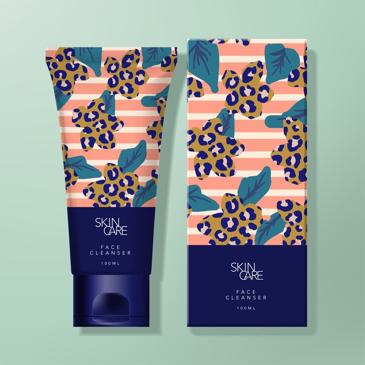 Tubo de crema de manos o limpiador y caja de cartón con diseño de patrón abstracto de moda