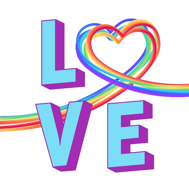 Tubo de forma de corazón de arco iris 3d con ilustración de vector de arte de letras love