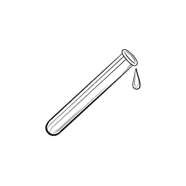 Tubo de laboratorio con icono de doodle de contorno dibujado de mano de gota de sangre. tubo de ensayo como ilustración de dibujo de vector de concepto de pruebas de laboratorio para impresión, web, móvil e infografía aislado sobre fondo blanco