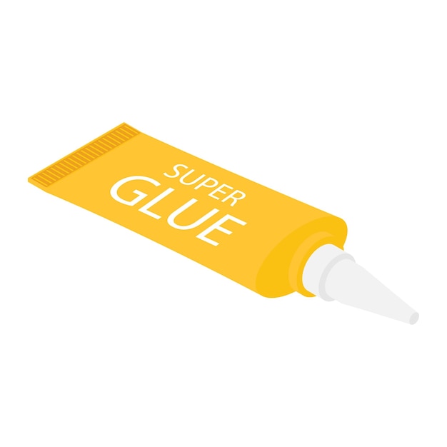 Tubo metálico amarillo de súper pegamento aislado en el fondo Vector de vista isométrica