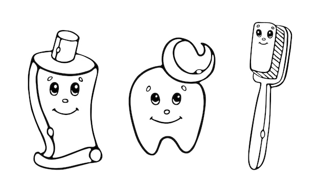 Vector tubo de pasta de dientes diente cepillo de dientes esquema garabatos de dibujos animados libro para colorear para niños vector premium